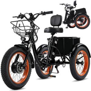 Broobey Electric Tricycle for Adults 20" Folding Electric Trike Ebike 7 Speeds 3 Wheels Adult Electric Tricycle with Large Basket 500W 48V15Ah Li-Battery 50 Miles in PAS Mode Black