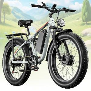 PUJH Electric Bike, 52V 25Ah 4000W Dual Motors, 24" Fat Tires Adult, 36mph Up to 110 Mile Range, Full Suspension, Hydraulic Brakes Class 3 Ebike, for Off-Road Mountain Riding Adventures (White)