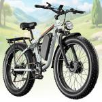PUJH Electric Bike, 52V 25Ah 4000W Dual Motors, 24" Fat Tires Adult, 36mph Up to 110 Mile Range, Full Suspension, Hydraulic Brakes Class 3 Ebike, for Off-Road Mountain Riding Adventures (White)