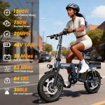 INSDRGN 14" Folding Electric Bike for Adults, Peak 1500W Motor,20MPH Max Speed,48V 16Ah Removable Battery Electric Bike, 35/62Miles Max Range, UL 2849 Certified E Bike