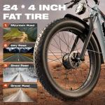 PUJH Electric Bike, 52V 25Ah 4000W Dual Motors, 24" Fat Tires Adult, 36mph Up to 110 Mile Range, Full Suspension, Hydraulic Brakes Class 3 Ebike, for Off-Road Mountain Riding Adventures (White)