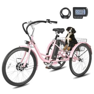 VIRIBUS Electric Tricycle for Adults, 350W 7 Speed Electric Trikes with 468Wh Removable Battery, 24 inch 3 Wheel Electric Bicycles for Seniors Women 330 lb. Pink