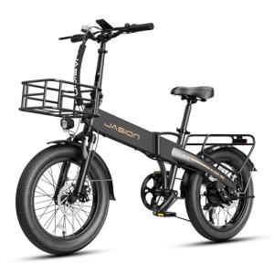 Jasion EB6 Electric Bike for Adults, [1000 Peak Motor & 25Mph],55 Miles Max Range (PAS 1) by 504Wh Built-in Battery, 20'' Fat Tire Folding Ebike with LCD Display and 5 Pedal Assist Levels