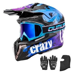 OUMURS Adult ATV Dirt Bike Helmet with Gloves & Mask Adjustable Sun Visor Motorcycle Adult Helmet Off-Road Motocross Downhill Moped MX for Unisex-Adult-Crazy Blue, L