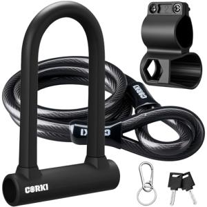 Corki Bike Lock Heavy Duty Anti Theft U Lock with 5ft Security Cable and Keys 17mm Schackle Electric Scooter Lock, Bicycle Lock with Mounting Bracket for Ebike Motorcycle -Black