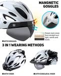 Bike Helmet with USB Rechargeable LED Light Detachable Goggles and Sun Visor, Mountain & Road Bicycle Helmets for Men Women Adult Cycling Helmets (Black+White)