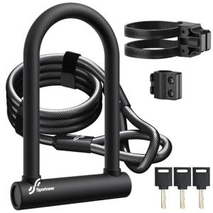 Sportneer Bike U Lock - 18mm Shackle Heavy Duty Bike Lock with 6ft Security Cable - Bicycle U-Locks with Sturdy Mounting Bracket for Road, Mountain, Electric and Folding Bike, Size 9.85''x6.3''
