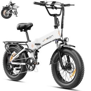 Jasion X-Hunter Electric Bike for Adults,1400W Peak Motor 30MPH Max Speed 48V 13AH Removable Battery, Full Suspension System Design 20''*4.0 Fat Tire Foldable Ebike 7-Speed Bicycles,White