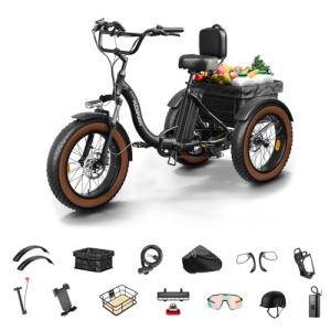 Electric Tricycle for Adults, 20" Fat Tire 3 Wheel Electric Trike with 960W Rear Motor, Range,Differential for Safety, 25MPH Cargo Tricycle with 2 Basket, 48V 648Wh Removable Battery Ebike 55Miles BA