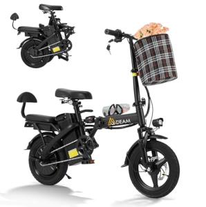 Mdeam Folding Electric Bike with Passenger Seat,14" Ebike for Adults Peak 500W 18.6MPH E-Bike 374.4Wh with Shock Absorber LCD Display/USB Phone Holder/Front Basket/Turn Signal for Commute