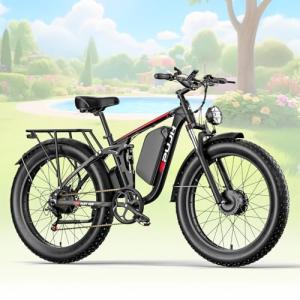 PUJH Electric Bike, 52V 25Ah 3000W Dual Motors, 26" Fat Tires, Reaches 36 mph, 40-110 Mile Range Full Suspension Hydraulic Brakes Class 3 Ebike for Off-Road, Mountain Riding Adventures (Black)
