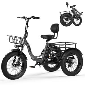 Qlife Triker Plus Electric Bike, Peak 1200W Brushless Motor Electric Tricycle for Adults, 48V 13Ah Folding Ebike, Max 20MPH Up to 65 Miles, Bicycle, 20x4.0 Fat Tire E-Bike, Grey