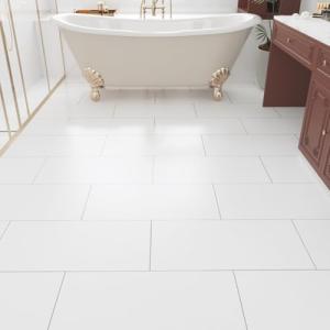 STICKEEP White Peel and Stick Floor Tile Sheet 12"x24" Linoleum Vinyl Flooring Rolls Peel and Stick Bathroom Waterproof Floor Tile Self Adhesive Flooring Tiles for Kitchen Bedroom Living Room4 PCS