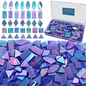 LITMIND Iridescent Glass Mosaic Tiles for Crafts, 240 Pieces 5 Shapes Mixed Stained Glass Sheets, Mosaic Kits for Adults (Iridescent Dark Blue)