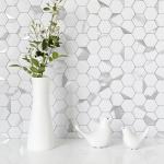 DICOFUN 10-Sheet Hexagon Tile Peel and Stick Backsplash, White Marble Look PVC Mixed Silver Metal Mosaic Tiles for Kitchen and Bathroom