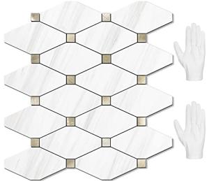 STICKGOO 10 Sheets Peel and Stick Dolomite Mosaic Tile, White Marble Look PVC Mixed Metal Gold Kitchen Backsplash for Fireplace, RV