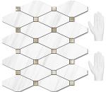 STICKGOO 10 Sheets Peel and Stick Dolomite Mosaic Tile, White Marble Look PVC Mixed Metal Gold Kitchen Backsplash for Fireplace, RV