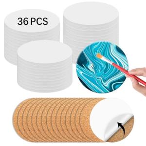36 PCS Round Ceramic Tiles for Crafts 4x4 inches and self Adhesive Cork mat, unglazed Ceramic Coasters for Crafts ，Use with Alcohol Ink or Acrylic Pouring Make Your Own DIY Coasters