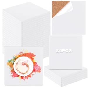 YOUNTHYE 30PCS Sublimation Coasters Blanks Ceramic Square Heat Transfer Coasters with Cork Back 4x4 inch MDF Sublimation Coasters Blanks White Glazed Ceramic Tiles for Sublimation Thermal Transfer