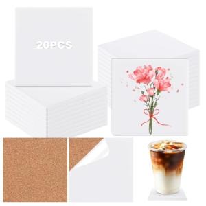 YOUNTHYE 20PCS Sublimation Coasters Blanks Ceramic Square Heat Transfer Coasters with Cork Back 4x4 inch MDF Sublimation Coasters Blanks White Glazed Ceramic Tiles for Sublimation Thermal Transfer