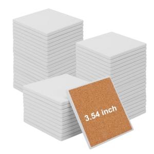 Geytetqi 50 PCS 3.54 Inch Blank Ceramic Coasters with Cork Backing Pads, 3.54x3.54 Inch Square Unglazed Ceramic Coasters Tiles for Crafting, Absorbent Ceramics Coaster for Drink