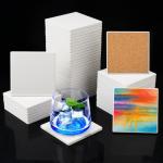 Geytetqi 50 PCS 3.54 Inch Blank Ceramic Coasters with Cork Backing Pads, 3.54x3.54 Inch Square Unglazed Ceramic Coasters Tiles for Crafting, Absorbent Ceramics Coaster for Drink