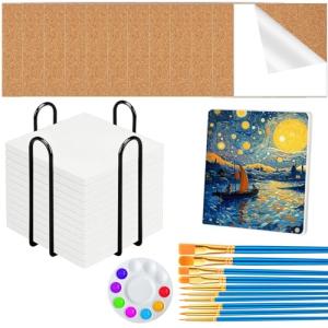 Fesorsi 12 Pcs Square Ceramic Tiles for Crafts, Ceramic Tiles 4x4 Inches with Iron Storage Shelf and Cork Backing Pads, Unglazed Ceramic Tile for Painting, Alcohol Ink, Acrylic Pouring