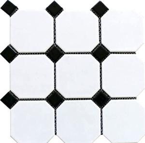 Tenedos 4" Octagon Tile Matte White Mosaic Porcelain Floor and Wall Tile for Bathroom, Kitchen Backsplashes, Accent Wall (Black Dots Glossy, 20 Sheets)