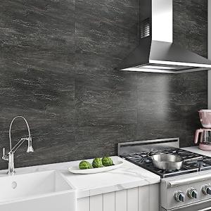 Livelynine Dark Peel and Stick Tile 16pcs 24x12 Carbon Slate Wall Panel Marble Backsplash Tile for Kitchen Wall Tiles Bathroom Stick on Back Splash Renter Friendly Carbon Rock Board Panels Adhesive