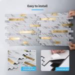 Art3d 10-Sheet Peel and Stick Backsplash Tile for Kitchen Bathroom Fireplace Laundry Room in White Slate with Gold Studded