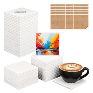 IHDYPPEW 50 Pack 4 x 4 Inch Square Ceramic Tiles for Crafts, Blank Ceramic Coasters with Cork Backing Pad, Perfect for Painting, Alcohol Ink, Acrylic Pouring - DIY Coaster(Unglazed)