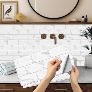 12-Sheet White Peel and Stick Wallpaper, Subway Tile 6''x12'' Self Adhesive Wall Tiles Waterproof PVC Stick on Backsplash Vinyl Decorative Tiles Stickers for Kitchen Bathroom
