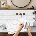 12-Sheet White Peel and Stick Wallpaper, Subway Tile 6''x12'' Self Adhesive Wall Tiles Waterproof PVC Stick on Backsplash Vinyl Decorative Tiles Stickers for Kitchen Bathroom