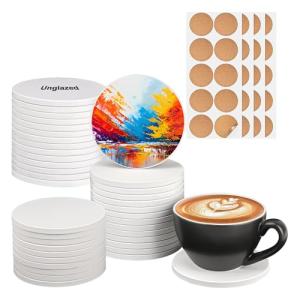 IHDYPPEW 40 Pack 4 inch Round Ceramic Tiles for Crafts, Rotundity Blank Ceramic Coasters with Cork Backing Pad, Perfect for Painting, Alcohol Ink, Acrylic Pouring - DIY Coaster(Unglazed)