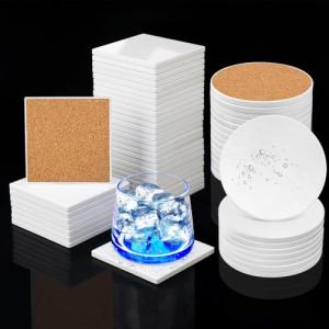 50 Pieces 4 Inch Square and Round Sublimation Ceramic Coasters, Glazed Ceramic Tiles Coasters with Cork Backing Pads for DIY Crafts, Sublimation, White. by GNIEMCKIN