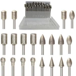 20Pcs Diamond Grinder Bit 1/8" Shank,Stone Carving Set Polishing Diamond Burrs, Rotary Tools Accessories Grinding Burrs for Stone Glass Resin Porcelain Ceramic Quartz Glaze Steel Carve Engrave Polish