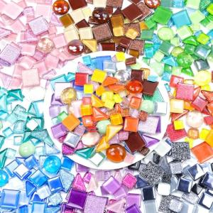 LATIIZ Glass Mosaic Tiles Crafts: 300 Pieces Iridescent Pre-Cut Crystal Tile for Garden Decor Stepping Stone Coasters Bird Bath DIY Project for Adults Mom and Kids Family Toddler Activities