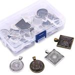 Glarks 48-Pieces Round and Square Pendant Trays with Glass Cabochon Dome Tiles Clear Cameo for Crafting DIY Jewelry Making, 24 Sets