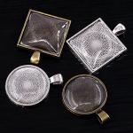 Glarks 48-Pieces Round and Square Pendant Trays with Glass Cabochon Dome Tiles Clear Cameo for Crafting DIY Jewelry Making, 24 Sets