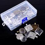 Glarks 48-Pieces Round and Square Pendant Trays with Glass Cabochon Dome Tiles Clear Cameo for Crafting DIY Jewelry Making, 24 Sets