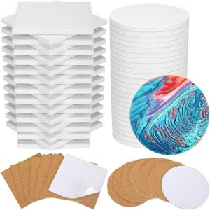 Ceramic Tiles for Crafts, 50 Pack White Unglazed 4 Inch with 50 Pack Cork Backing Pads - Includes Square and Round Coasters for DIY Arts Craft Projects