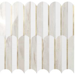 Vamos Tile Peel and Stick Backsplash Seamless Tile for Kitchen and Bathroom,White and Glossy Wooden Marble PVC Mixed Light Gold Self Adhesive Fish Scale Metal Mosaic Tiles (10 Sheets)