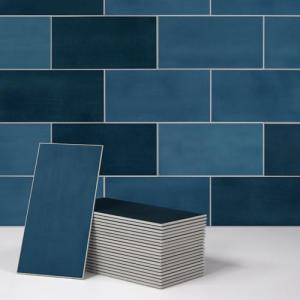 SUNWINGS 100-Sheet Subway Peel and Stick Backsplash Tile, 6" x 3" Blue Mixed Stone Composite Handmade Looks Self Adhesive Waterproof Wall Tile, Stick on Tiles for Kitchen Bathroom Shower Fireplace