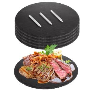 LOPYXBR 6 PCS Round Slate Cheese Board 8 Inch Slate Tile Black Charcuterie Board Slate Stone Sushi Plate Display Chalkboard with Soapstone Chalk for Party, Gift, Appetizer, Meat