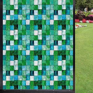 Emerald Frosted Window Film Window Privacy Film,Geometric Mosaic Squares with Soft Aquatic Color Scheme Checkered Tile Pattern Privacy Door Privacy Window, Blue Sea Green 24 x 36 inches