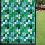 Emerald Frosted Window Film Window Privacy Film,Geometric Mosaic Squares with Soft Aquatic Color Scheme Checkered Tile Pattern Privacy Door Privacy Window, Blue Sea Green 24 x 36 inches