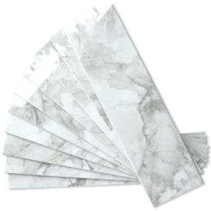 AULIGET 40-Piece Polished White Marble Peel and Stick Backsplash Wall Tiles, 3" x 12" PVC Faux Stone Stick on Tiles for Backsplash Kitchen, Bathroom, Laundry Room, Camper, Fireplace