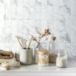 AULIGET 40-Piece Polished White Marble Peel and Stick Backsplash Wall Tiles, 3" x 12" PVC Faux Stone Stick on Tiles for Backsplash Kitchen, Bathroom, Laundry Room, Camper, Fireplace