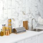 AULIGET 40-Piece Polished White Marble Peel and Stick Backsplash Wall Tiles, 3" x 12" PVC Faux Stone Stick on Tiles for Backsplash Kitchen, Bathroom, Laundry Room, Camper, Fireplace