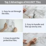 AULIGET 40-Piece Polished White Marble Peel and Stick Backsplash Wall Tiles, 3" x 12" PVC Faux Stone Stick on Tiles for Backsplash Kitchen, Bathroom, Laundry Room, Camper, Fireplace